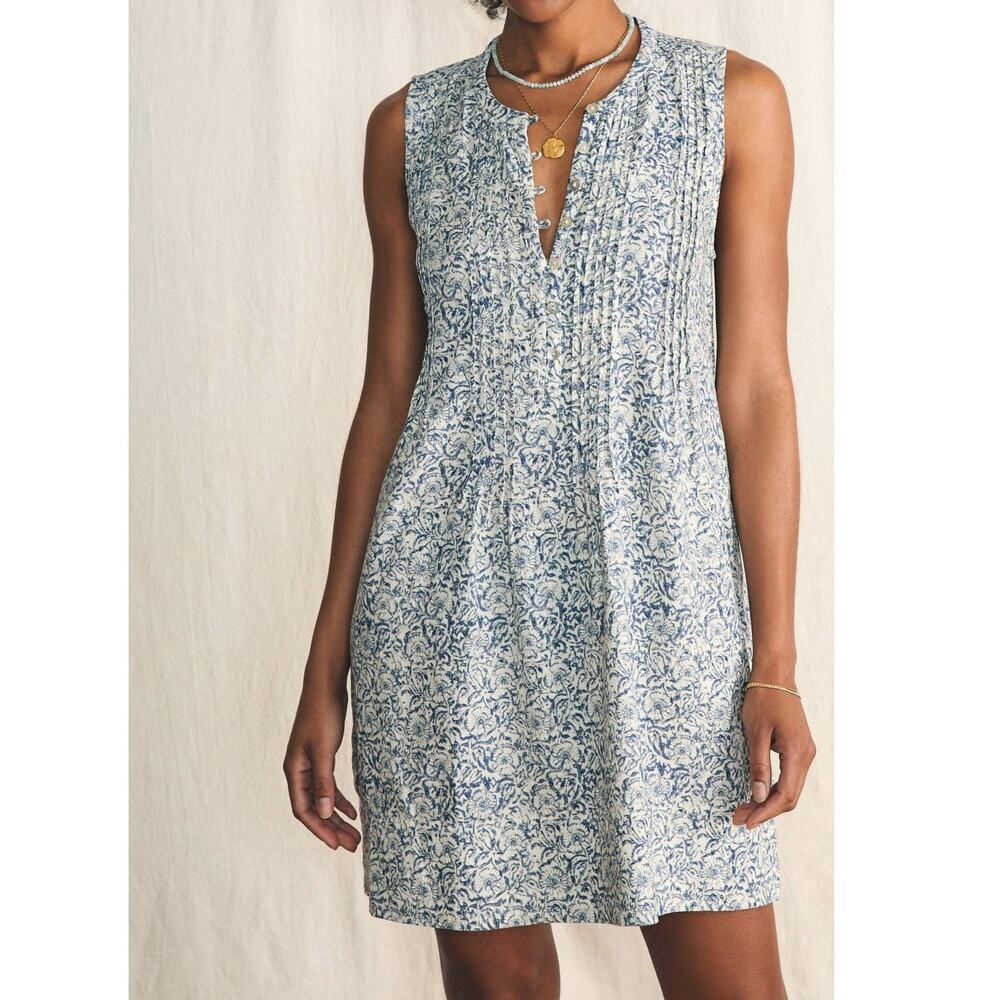 Faherty Isha Linen Blend Floral Pintuck Dress Sleeveless Womens Large